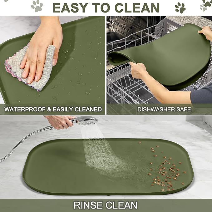 36" x 24" x 1" Extra Large Silicone Pet Food Mat with Raised Edge for Food and Water Bowl, Dog Feeding Mats, Cat Food Trays for Floor Waterproof, Rubber Tray for Dogs and Cats, Light Olive Green