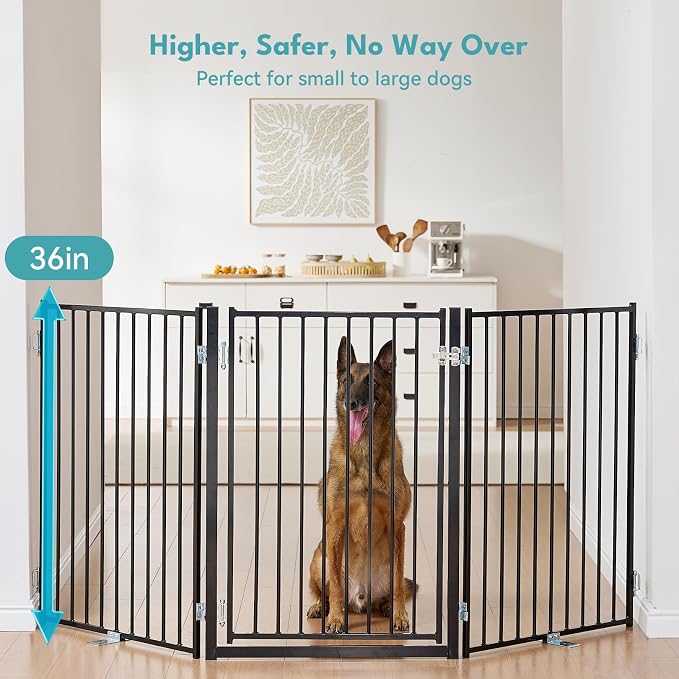 No Pawblems Full Metal Free Standing Dog Gate Extension, 36'' Tall | Foldable Dog Fence Extension for Indoor & Outdoor, Up to 52 Inch Extra Wide Pet Gate for Stairs, Deck, Yard, 2 Panels, Black