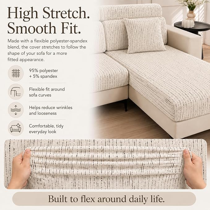 Stretch Sofa Slipcover, 2026 Upgraded Non Slip Couch Cover with Adjustable Straps, Pet Dog Cat Friendly Furniture Protector for 3 Seater, Washable for Living Room