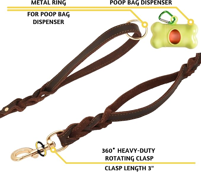 ADITYNA Leather Dog Leash with Traffic Handle, 6ft, Medium & Small Dogs | Heavy-duty braided leather leash, 5/8" width x 6ft, Double handle for extra control, ideal for training & busy sidewalks.