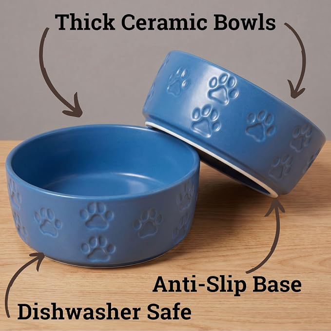 Ceramic Dog Bowl Set of 2 with Anti-Skid Base, 5.5"W x 2"H, 2 Cup Capacity | Thick Ceramic, Dishwasher Safe, Anti-Skid Rubber Base, 2 Cups per Bowl, Ceramic Food and Water Bowls Set of 2 for Small Dogs