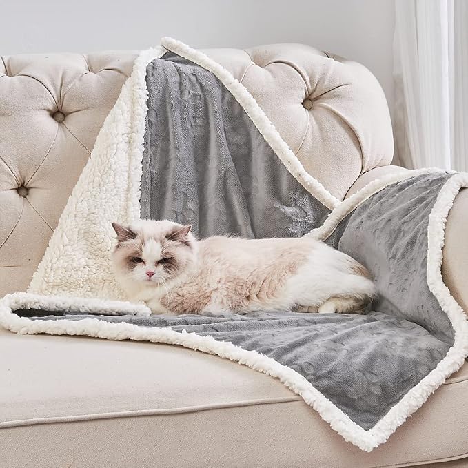 Pet Blankets for Cats - Waterproof Cat Blanket Washable - Sherpa Fleece Puppy Blanket, Soft Plush Reversible Throw Protector for Bed Couch Car Sofa, 25"X30", Grey