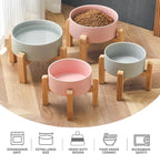 6'' Ceramic Raised Dog Bowl - 30Oz Dog Food & Water Bowl with Elevated Non-Slip Bamboo Stand, Dishwasher & Microwave Safe, Anti Vomiting Heavy Duty Pet Bowl for Small and Medium Dogs, Grey
