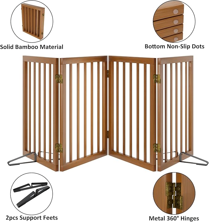 Freestanding Pet Gate Foldable 4 Panel Dog Gate Walnut Dog Gates for Stair Doorways House Indoor (2 Support Feet Included)