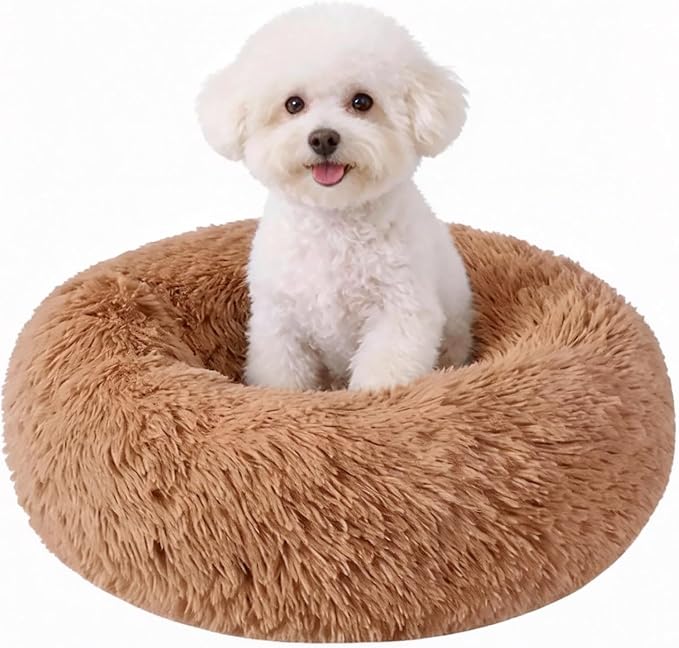 Calming Donut Pet Bed for Cats & Small Dogs, Ultra Soft Fluffy Anti Anxiety Cat Bed with Raised Rim, Washable Plush Round Puppy Bed for Indoor Cats, Kittens, Chihuahua & Yorkie (Khaki, 20 Inch)