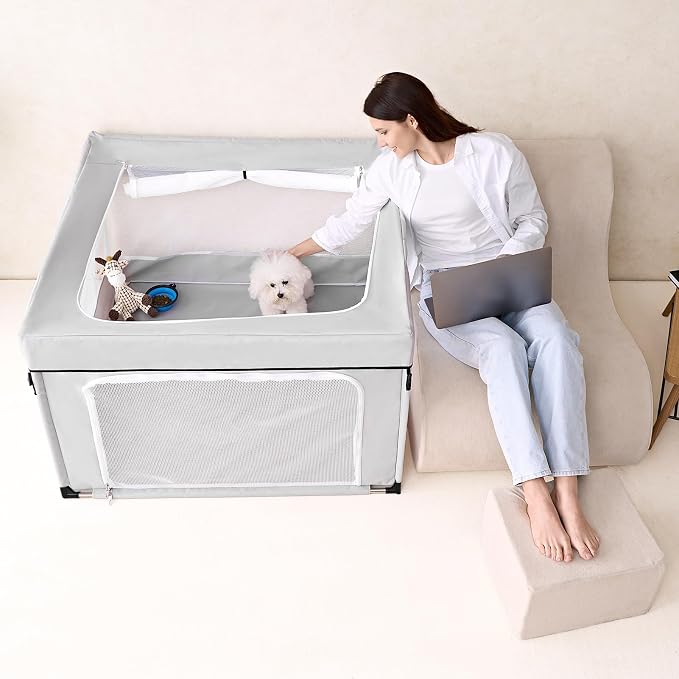 EHEYCIGA 42x42x26 Dog Playpen with Top Cover for Dogs & Cats, Sliver Grey