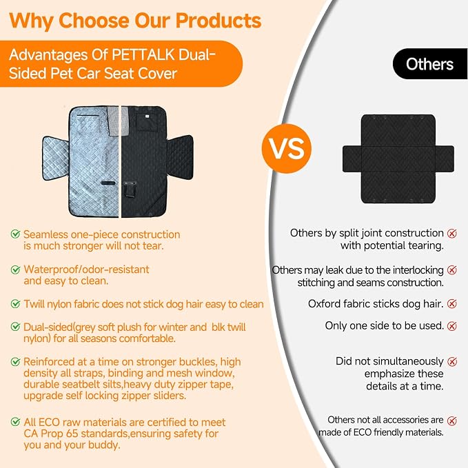 PETTALK Deluxe 2 Sided Dog Car Cover for Back Seat,Waterproof Protector | 2 Sided for Double Comfort 4 Seasons,Durable Heavy Duty,Anti Scratch,Non-Slip,Odorless,Cars SUVs Truck,Dog Seat Belt Included