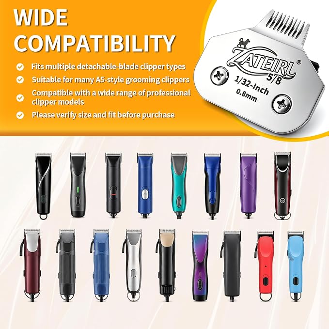 Size 5/8 Detachable Pet Grooming Clipper Blade with Steel Cutter, 1/32 Inch 0.8mm Cut Length, Silver, Compatible with Andis, Oster A5, Wahl KM10, 1 Pack