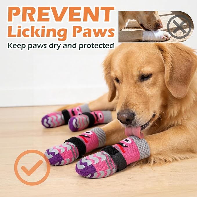 EXPAWLORER Dog Socks to Prevent Licking Paws with Grippers for Hardwood Floors Anti Slip, Cute Double Sides Dog Winter Shoes Booties Boots & Paw Protectors with for Small Medium Large Senior Dogs S