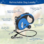 26Ft Retractable Dog Leash - for Dog Up to 110lbs, Tangle Free Walking Leash with Chew Proof Cable | LED Light | Dispenser | Poop Bags, Quick Lock Braking & Non-Slip Handle (Blue)