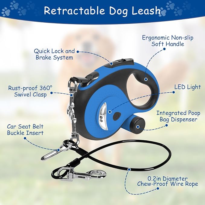 26Ft Retractable Dog Leash - for Dog Up to 110lbs, Tangle Free Walking Leash with Chew Proof Cable | LED Light | Dispenser | Poop Bags, Quick Lock Braking & Non-Slip Handle (Blue)