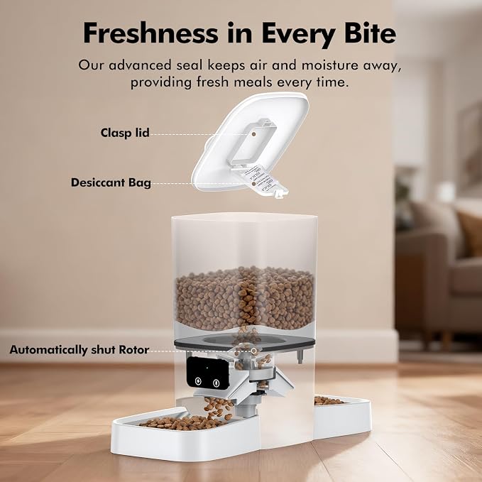 Automatic Cat Feeder for 2 Cats, 6L Large Capacity, 2.4G WiFi, APP Control | Timed Cat Dry Food Dispenser for Cats & Dogs with 2 Stainless Steel Bowls, Dual Power Supply, 10s Voice Recorder