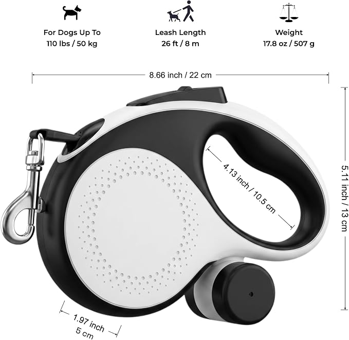 26ft Retractable Dog Leash Durable for Dog up to 110lbs, White | Automatic 8M Tangle-free Strong Nylon Leash for Large Dogs,Built-in Waste Bag Dispenser, One-hand Brake & Lock