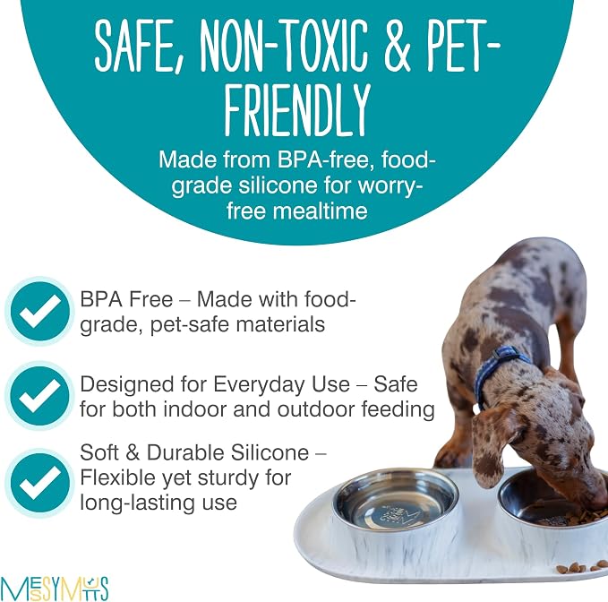 Messy Mutts Double Silicone Dog Feeder, Stainless Bowls, Medium, Marble | Non-Slip Silicone Double Dog Feeder With Two Removable Stainless Steel Bowls For Food And Water