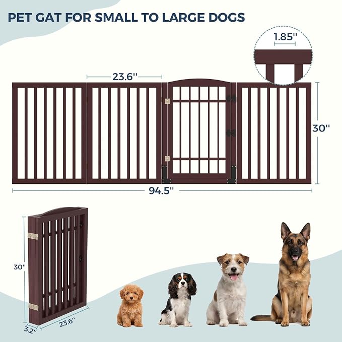 Homykic Dog Gate Indoor, 94.5" W x 30" H Extra Wide Foldable Bamboo Pet Gate with Door, No Assembly Freestanding Dog Fence with 2 Support Feet & 360°Hinges for Doorways Hallways (Espresso, 4 Panels)
