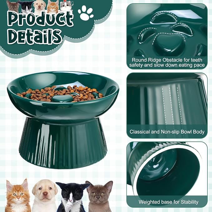Tioncy 2 Pcs Ceramic Elevated Slow Feeder Cat Bowl, Raised Cat Slow Feeder Bowl, Anti Vomiting for Dry and Wet Food, No Spill High Edge Easy Clean Dishwasher Safe (Dark Green,Blue)