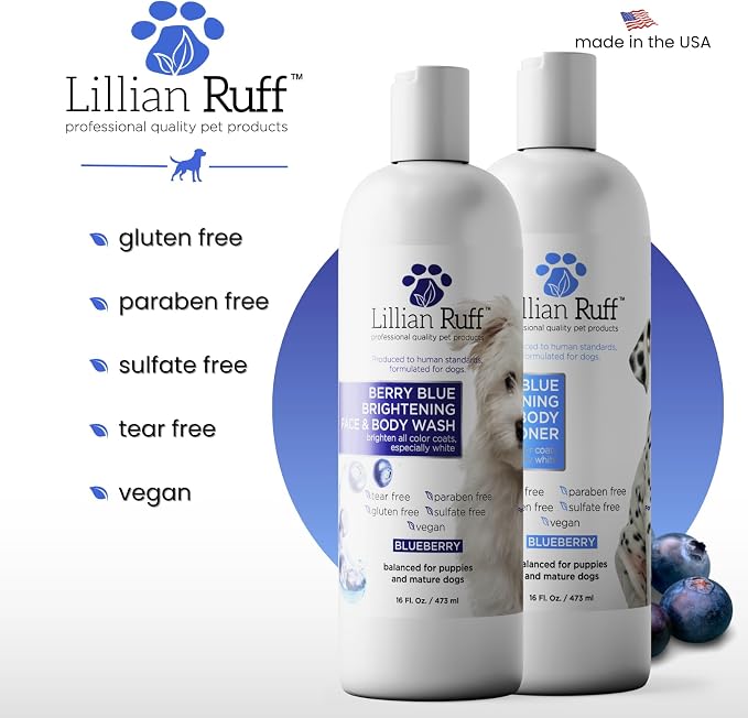 Lillian Ruff PRO Formula Berry Blue Brightening Dog Shampoo & Conditioner Set - Professional Show-Quality Whitening, Stain & Odor Eliminator, Hydrating Relief for Dry Skin, ProVitamin B5, USA Made