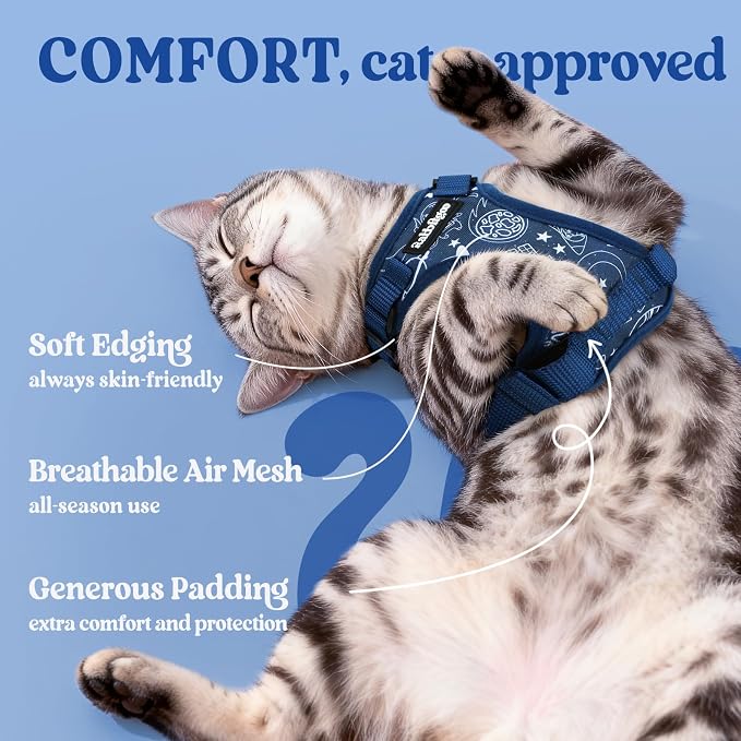 rabbitgoo Cat Harness and Leash Set, Escape Proof Vest, Cosmic Ace | Soft Breathable Mesh, Easy Adjustable Fit, Snap Buckles, Sturdy Clip, Reflective Strips, for Average Cats Walks, S