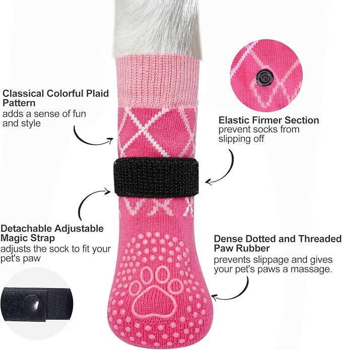 BEAUTYZOO 6PCS Dog Socks to Prevent Licking Paws, Anti Slip Dog Shoes for Hot Pavement Hardwood Floors, Traction Control Toe Grips Boots & Paw Protectors for Small Medium Large Senior Dogs, Pink L