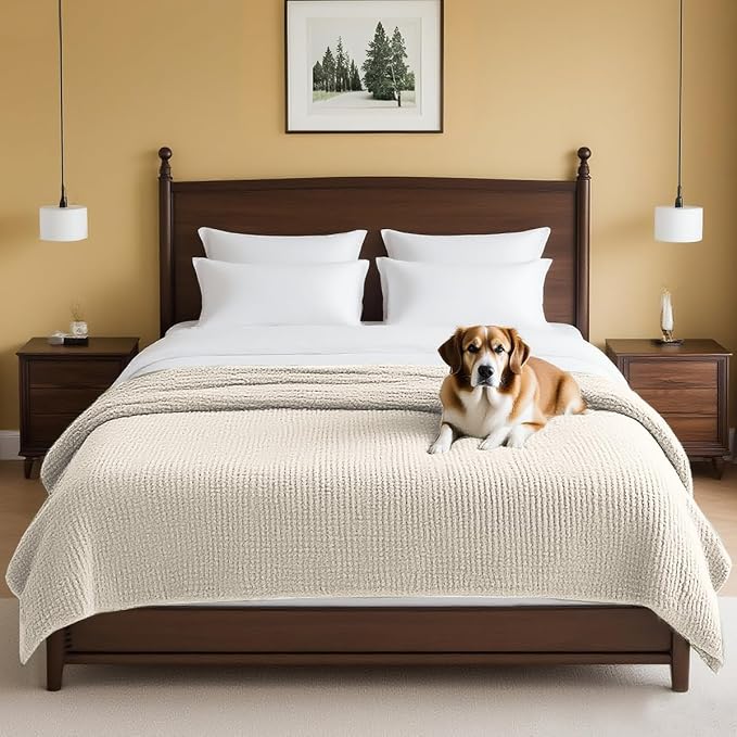 H.VERSAILTEX Plush Chenille Couch Cover for Dogs Pets Blanket for Bed Anti-Slip Soft and Durable Furniture Protector for Small Medium Large Cats Washable (52" x 82", Ivory)