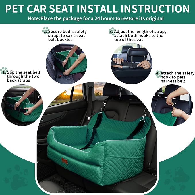 Dog Car Seat for Large/Medium Dogs - Memory Foam Dog Booster Seat for Under 55Lbs or 2 Small Dogs-Detachable and Washable Travel Bed with Thick Cushion and Storage Pockets-Green