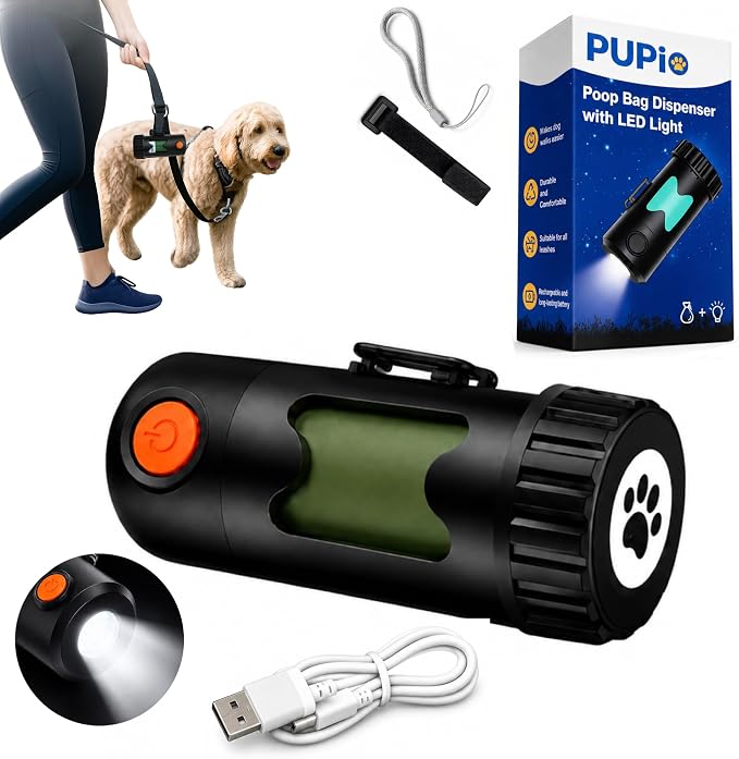 Smart Hands-Free Poop Bag Holder With Rechargeable LED Light No Batteries to Replace The Ultimate Pet Gift Unique Retracting Function Small Durable Lightweight Comes With 15 bags and Charging Cable