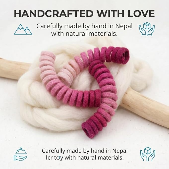 Glaciart One Felt Spring Cat Toy – 3 Pcs Soft Fuzzy Enrichment 100% Natural Wool - Interactive Stretchable Play Cat Toy Set - Safe for Pets, Non-AZO Colored Dyes - 30” Long