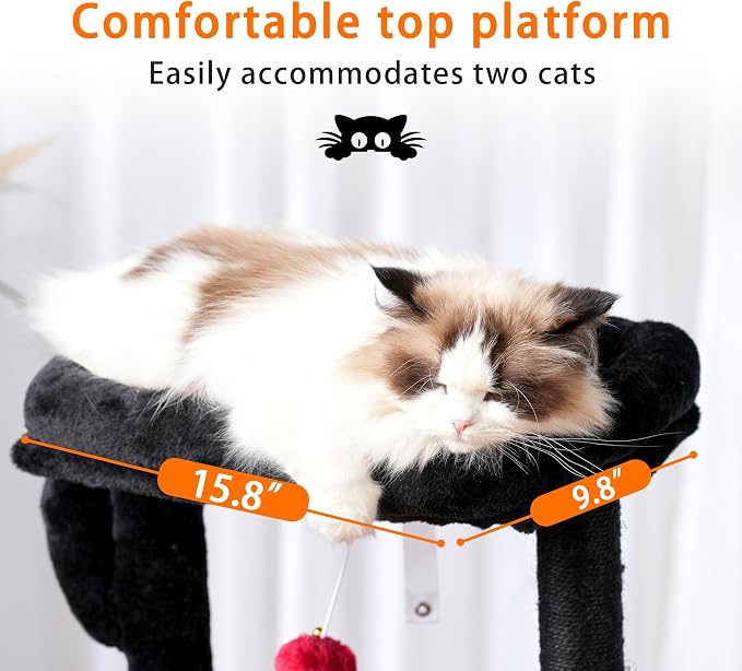 Heybly Cat Tree, 40" Tower with All-Sisal Wrapped Scratching Post HCT006SBR | Cat Tower for Indoor Cats, Cat Condo with Soft Platform, 2 Baskets and Dangling Toy, Black and Red