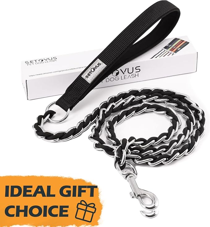 S-ETOVUS-Chain Dog Leash, Bite-Proof Metal Leash, with Padded Handle | Three Sizes 7.25FT/5.2FT/4FT, Woven From Nylon Rope And Chain, Durable And Bite-Resistant, Comfortable With Padded Handles