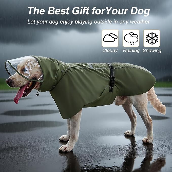 Pet Dog Raincoat Jacket Large Dog Rain Poncho with Transparent Hood, Double-Layer Structure, Adjustable, Waterproof, and Reflective, Suitable for Medium to Large (Army Green, 6XL)