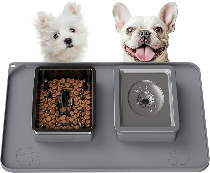 Dog Bowl Set, No Spill Dog Water and Food Bowl with Slow Feeder | Large Capacity 304 Stainless Steel Bowls, 3-In-1 Set, Slows Drinking, Anti-Slip Mat, Easy to Clean, Home/Travel, 6-7 Cups