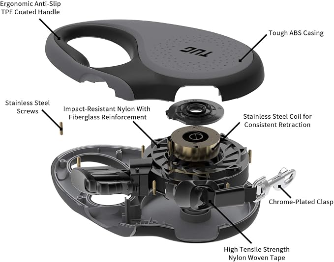 TUG 360° Tangle-Free Retractable Dog Leash with Anti-Slip Handle | 16 ft Strong Nylon Tape | One-Handed Brake, Pause, Lock (Large, Grey)