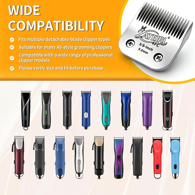 6 Pack Pet Grooming Clipper Blades with Ceramic Cutters, Sizes 10, 30, 7FC, 5FC, 4FC & 3-3/4FC, Silver, Compatible with Andis, Oster A5, Wahl KM10 A5 Style Dog Clippers