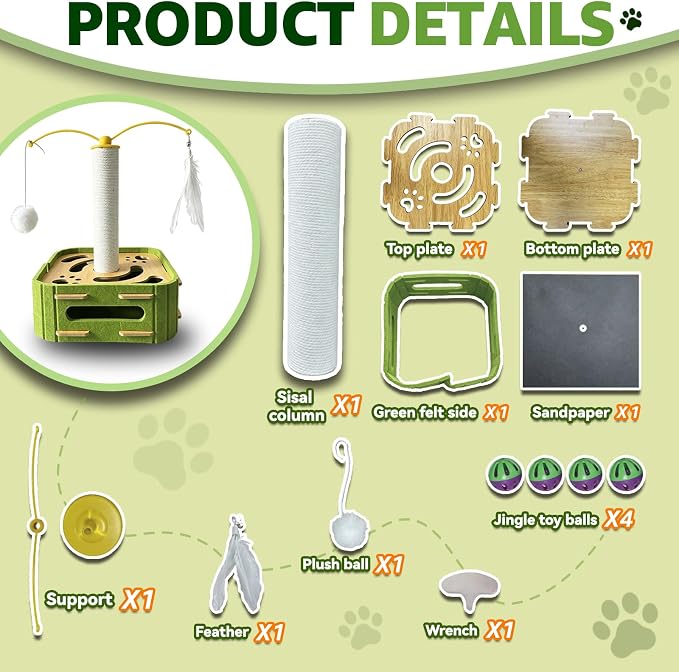 Cat Nail File Scratcher Boxs,Interactive Cats Puzzle Toys with Sisal Column Bell Balls,Indoor Cat Maze Hunting Game Toy for Scratching Mental Stimulation Boredom Relief