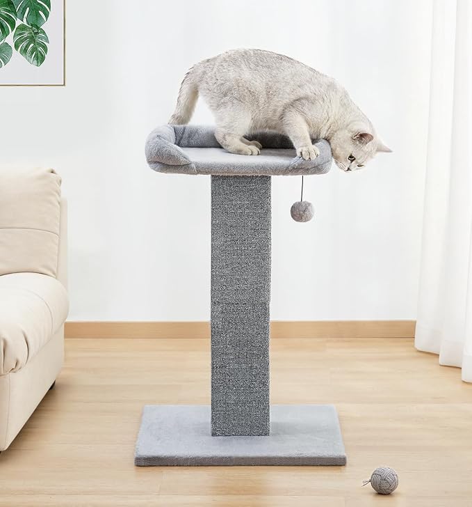Made4Pets 32" Carpet Cat Scratching Post with Bed for Indoor Cats, Grey | Carpet Cat Scratcher, Raised Perch with Removable Washable Cover, Wide Base, Hanging Ball, Compact Indoor Design