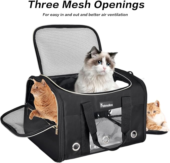 Petmolico Cat Carrier Soft-Sided Pet Bag for Small Medium Cats Puppies 16LBs - Airline Approved Pet Travel Carrier 3 Open Doors (Medium,Black)