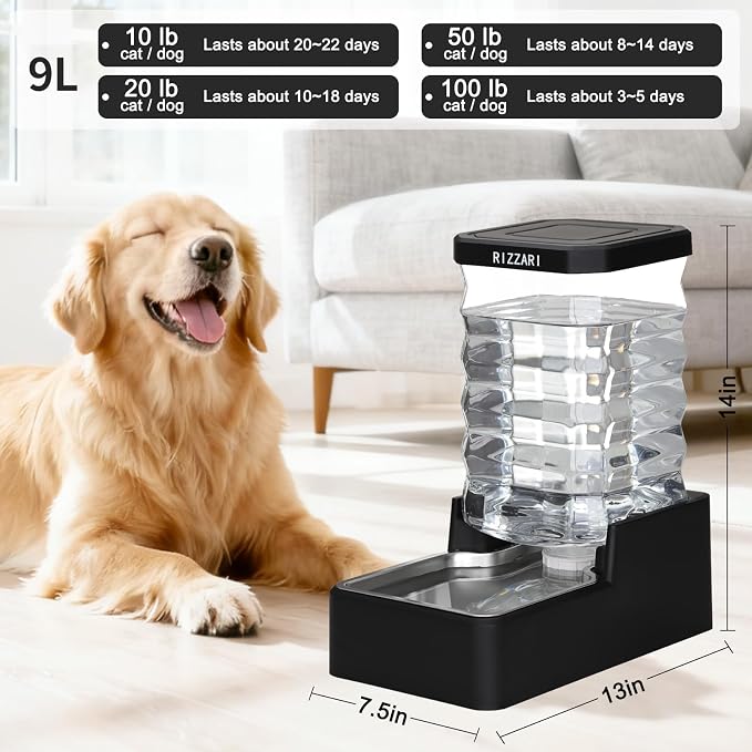 RIZZARI 9L Gravity Water Dispenser for Dogs, Auto Refill Waterer | Large-Capacity Water Storage,Wide-Mouth Easy Cleaning,Stainless Steel Bowl,Multi-Day Water Supply