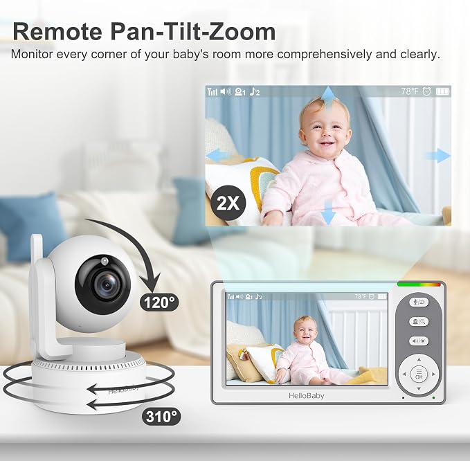 HelloBaby 4.3'' Video Baby Monitor with 30 Hours Battery, Remote Pan-Tilt-Zoom Baby Monitor No WiFi, Baby Monitor with Camera and Audio, Night Vision, ECO Mode, Two-way Talk, 8 Lullabies, 1000ft Range | Remote Pan-Tilt-Zoom, Baby Monitor with Camera an...