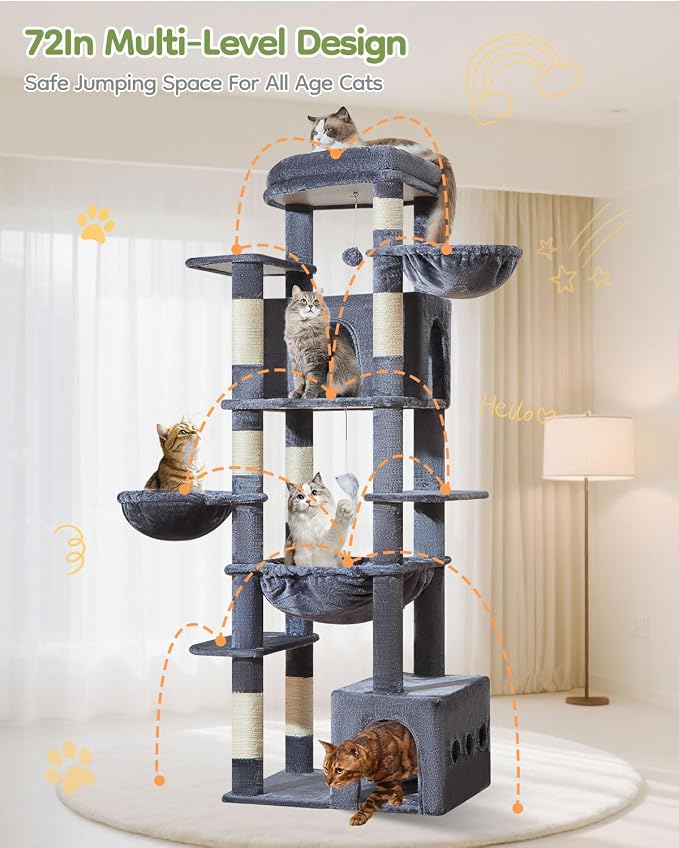 Taoqimiao 72 in Cat Tree, XXL Cat Tower for Indoor Cats Large Adult 25Lbs+ | Extra-Large Platform, 2 Cat Houses, 7 Scratching Post, Extra-Sized Durable Hammock, Cozy Basket, Smoky Gray, F20G