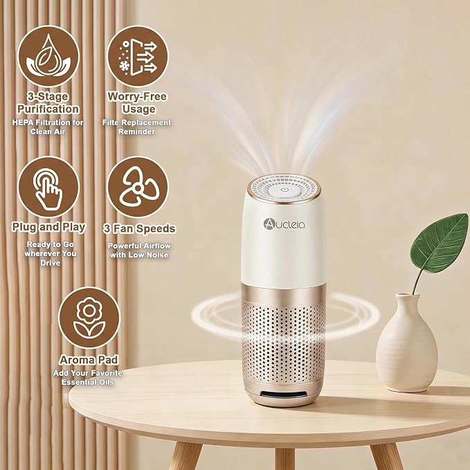 Aucleia Mini Portable Air Purifier for Car Office Travel, Champagne | Compact Air Purifier With Aromatherapy Function, Usb Powered Mini Usb Air Purifier Removes Pet Odor, Smoke, Dust And Pollen