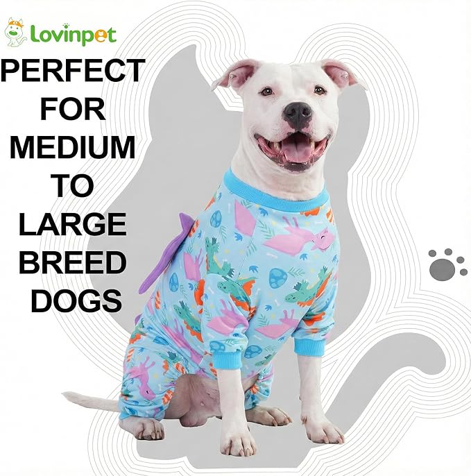 LovinPet Large Dog Pajamas, Four-Leg Stretch Onesie Bodysuit, Lightweight UV-Shielding Pajamas, Anti-Lick Calming Recovery Suit for Surgery, 3D Dino Wing Design with Soft Spikes， Blue Purple， XXL