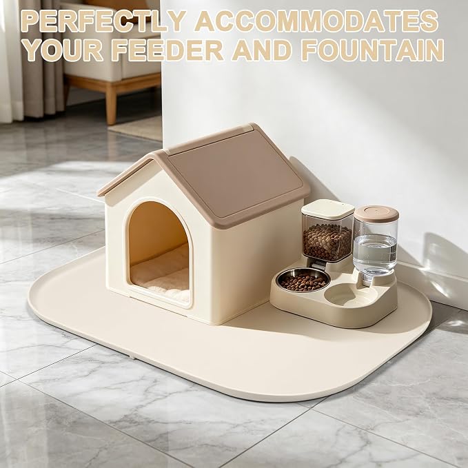 SMILOOL 36" x 24" x 1" Extra Large Silicone Pet Food Mat with Raised Edge for Food and Water Bowl, Dog Feeding Mats, Cat Food Trays for Floor Waterproof, Rubber Tray for Dogs and Cats, White Sand