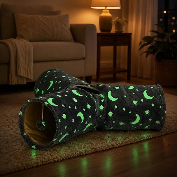 Cat Tube Tunnel with Plush Ball Toys Collapsible Self-Luminous, for Cat Small Pets Bunny Rabbits, Kittens, Ferrets,Puppy and Dogs Grey Moon Star 3 Way