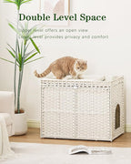 SETVSON Cat Litter Box Enclosure Furniture, Handwoven PE Rattan, White | Large Double-Door PE Rattan Kitty House, Fits Large Covered Litter Boxes, 2 Litter Mats, 2 S-Hooks, Metal Frame