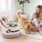 Cat Toy Basket with Cat Ear Handles, 19.5 x 11 x 9 in Woven Cats Toy Bin, Large Two-tone Cotton Rope Storage Box, Meow Words Organizer for Toys, Blankets, Home Decor (White, Gray)