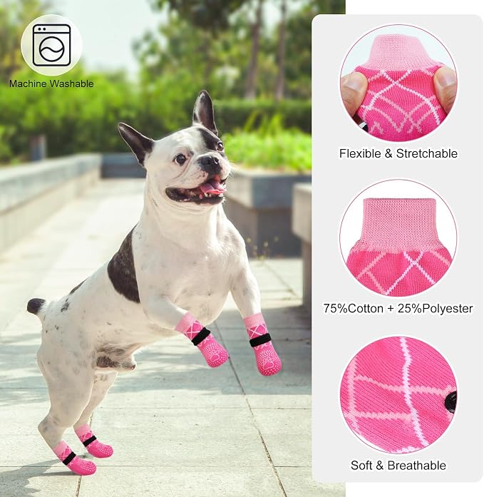 BEAUTYZOO 6PCS Dog Socks to Prevent Licking Paws, Anti Slip Dog Shoes for Hot Pavement Hardwood Floors, Traction Control Toe Grips Boots & Paw Protectors for Small Medium Large Senior Dogs, Pink L