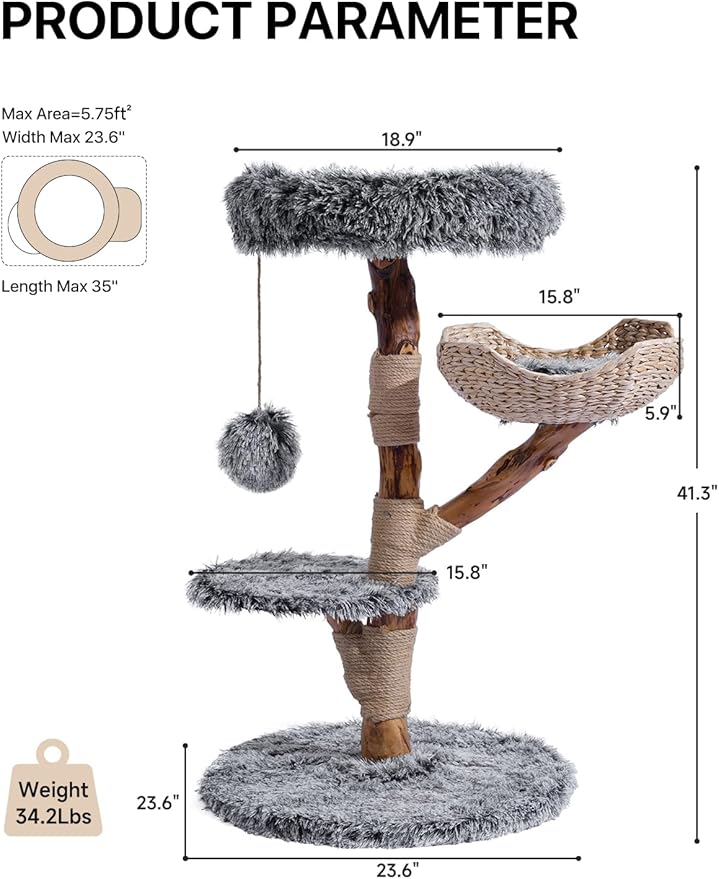 Sopapets Solid Wood Cat Tree for Large Cat, 41.3" Modern Cat Tower with Heavy Duty Real Branch & Hand-Woven Basket, Sisal Scratching Posts & Cozy Bed, Luxury Furniture for Indoor & Maine Coon, Gray