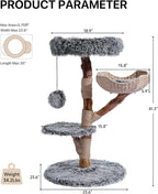 Sopapets Solid Wood Cat Tree for Large Cat, 41.3" Modern Cat Tower with Heavy Duty Real Branch & Hand-Woven Basket, Sisal Scratching Posts & Cozy Bed, Luxury Furniture for Indoor & Maine Coon, Gray