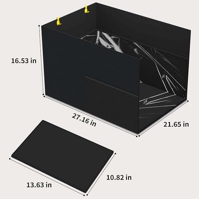 Aokeyee Black Waterproof Cat Litter Box Enclosure Splash Guard | 27.16x21.65x16.53, Removable PVC Mat with 2 Hooks, Foldable Anti-Leakage Dust Control