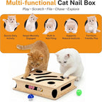 Cat Nail File Box – XL Wooden Cat Scratch Box with Built-in Nail Filing Pad, Interactive Puzzle Toy with 4 Bell Balls & 2 Feather Teasers, Claw Saver Box for Indoor Cats & Kittens
